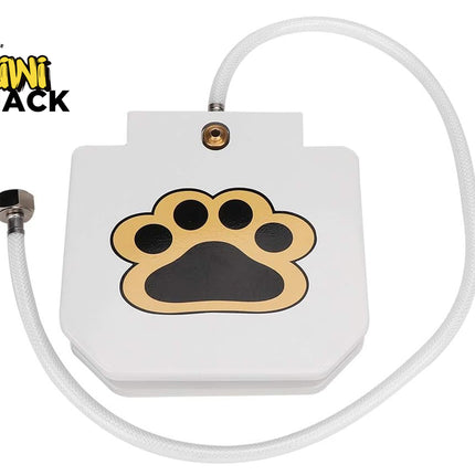 A white rectangular pet waterer or feeder with a gold and black paw print graphic on the front, connected to a white hose. The Kiwi Shack logo is visible in the top-left corner.