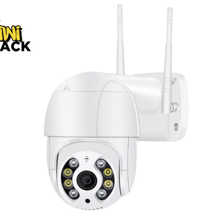 White wireless security camera with dual antennas and a circular array of infrared LEDs, shown on a white background with a Kiwi Shack logo in the top-left corner.