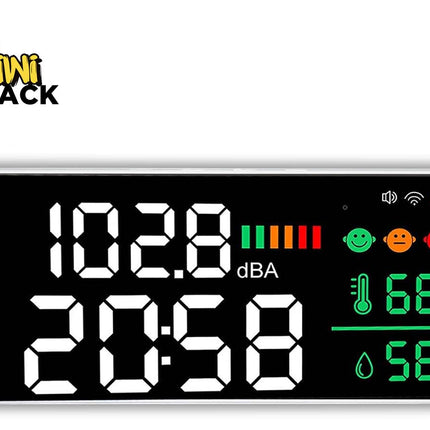 A digital electronic clock and thermometer by Kiwi Shack, featuring a black face with white LED numbers showing the time, a green dBAA indicator, and icons for temperature (68°F), humidity (56%), battery, and signal strength.