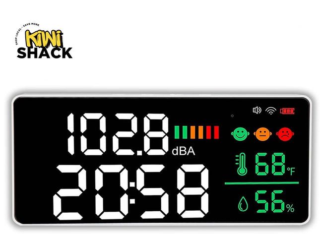 A digital electronic clock and thermometer by Kiwi Shack, featuring a black face with white LED numbers showing the time, a green dBAA indicator, and icons for temperature (68°F), humidity (56%), battery, and signal strength.