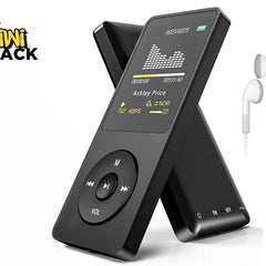 A sleek black digital MP3 player with a navigation wheel and color display, shown alongside a pair of white wired earbuds, featuring the "Kiwi Shack" logo in the top-left corner.