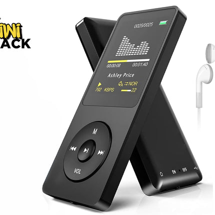 A sleek black digital MP3 player with a navigation wheel and color display, shown alongside a pair of white wired earbuds, featuring the "Kiwi Shack" logo in the top-left corner.