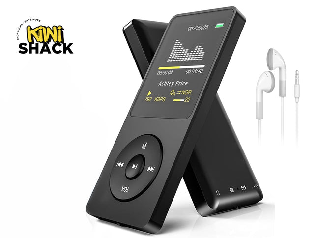 A sleek black digital MP3 player with a navigation wheel and color display, shown alongside a pair of white wired earbuds, featuring the "Kiwi Shack" logo in the top-left corner.