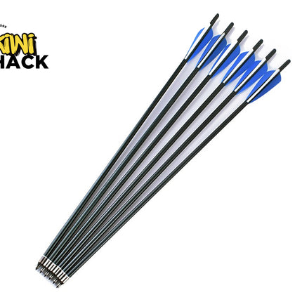 Set of arrows with blue nocks on a white background, featuring the Kiwi Shack logo.