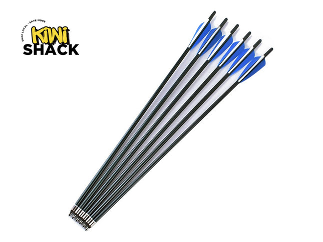 Set of arrows with blue nocks on a white background, featuring the Kiwi Shack logo.