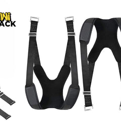 A heavy-duty lifting and moving strap system consisting of adjustable padded shoulder harnesses and connecting webbed straps with metal buckles, featuring a "Kiwi Shack" logo in the top left corner.