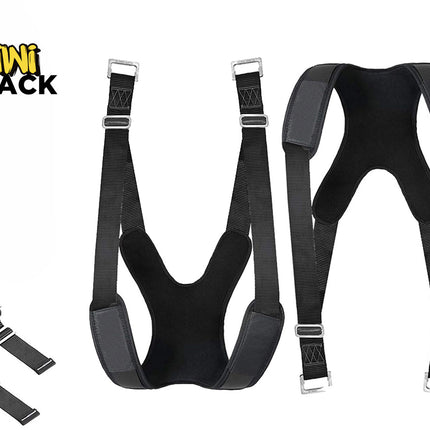 A heavy-duty lifting and moving strap system consisting of adjustable padded shoulder harnesses and connecting webbed straps with metal buckles, featuring a "Kiwi Shack" logo in the top left corner.