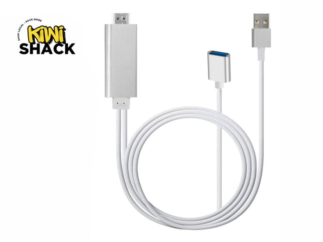 A white adapter cable featuring a rectangular silver connector housing on the left, a silver USB port housing in the center, and a USB-A connector on the right, all arranged against a white background with the "Kiwi Shack" logo in the upper left corner.