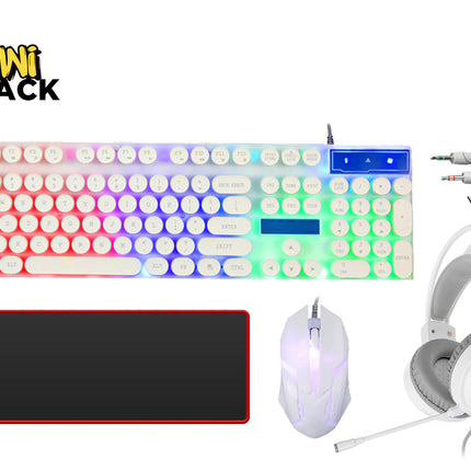 A white gaming accessory bundle featuring a backlit mechanical keyboard with round typewriter-style keys, a matching white gaming mouse with RGB lighting, a white gaming headset with an attached microphone, a large black mouse pad with a red border, and connection cables, featuring a "Kiwi Shack" logo in the top left corner.