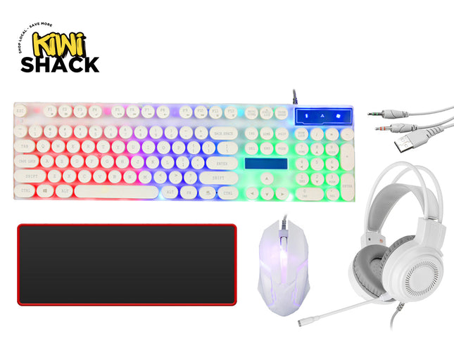 A white gaming accessory bundle featuring a backlit mechanical keyboard with round typewriter-style keys, a matching white gaming mouse with RGB lighting, a white gaming headset with an attached microphone, a large black mouse pad with a red border, and connection cables, featuring a "Kiwi Shack" logo in the top left corner.