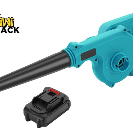 A Kiwi Shack electric leaf blower with a bright turquoise body and a black nozzle, shown alongside a black cordless battery on a white background with the Kiwi Shack logo in the top-left corner.