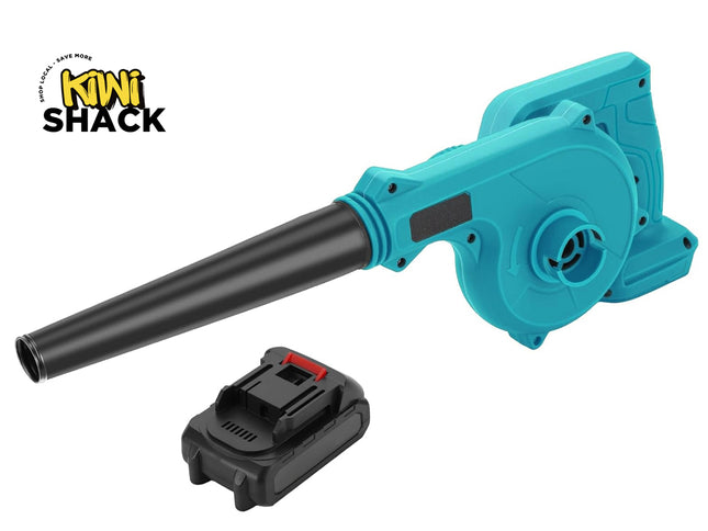 A Kiwi Shack electric leaf blower with a bright turquoise body and a black nozzle, shown alongside a black cordless battery on a white background with the Kiwi Shack logo in the top-left corner.