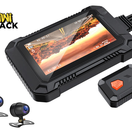 Car monitoring system with screen, cameras, and additional device on a white background, branded 'Kiwi Shack'.