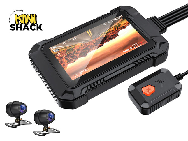 Car monitoring system with screen, cameras, and additional device on a white background, branded 'Kiwi Shack'.