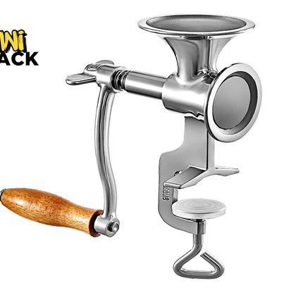 A polished stainless steel manual hand-crank meat grinder featuring a wooden handle grip and a built-in table C-clamp against a white background. A "Kiwi Shack" logo appears in the top-left corner.