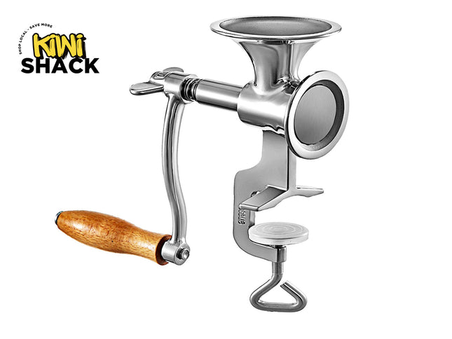 A polished stainless steel manual hand-crank meat grinder featuring a wooden handle grip and a built-in table C-clamp against a white background. A "Kiwi Shack" logo appears in the top-left corner.