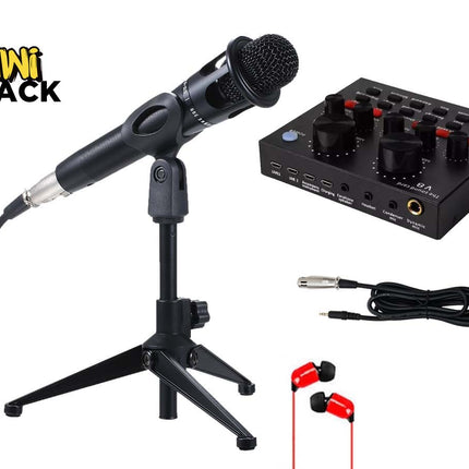 A black streaming and recording microphone mounted on a small folding tripod stand, accompanied by a V8 sound card console, an XLR-to-3.5mm audio cable, and red in-ear headphones against a white background. A "Kiwi Shack" logo appears in the top-left corner.