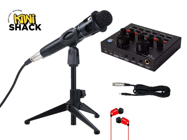 A black streaming and recording microphone mounted on a small folding tripod stand, accompanied by a V8 sound card console, an XLR-to-3.5mm audio cable, and red in-ear headphones against a white background. A "Kiwi Shack" logo appears in the top-left corner.