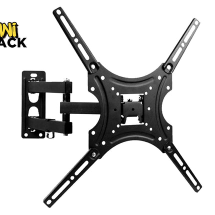 A black articulated TV wall mount with an extending arm and an X-shaped mounting bracket against a white background, featuring the "Kiwi Shack" logo in the upper left corner.