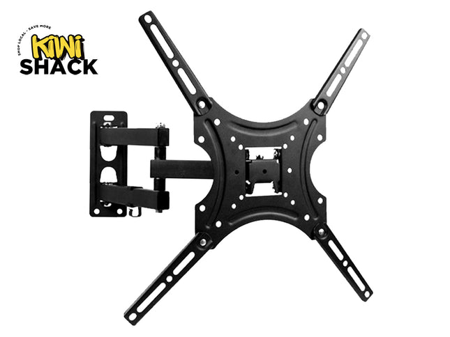 A black articulated TV wall mount with an extending arm and an X-shaped mounting bracket against a white background, featuring the "Kiwi Shack" logo in the upper left corner.