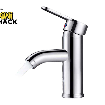 Chrome faucet with water flowing on a white background, featuring the Kiwi Shack logo.
