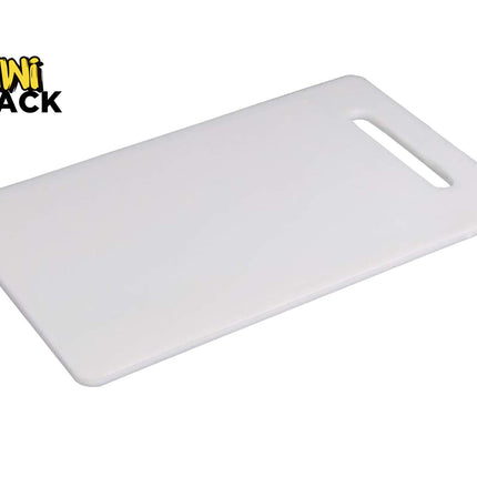 A plain white plastic cutting board with a convenient integrated handle slot, featuring the "Kiwi Shack" logo in the top-left corner.