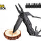 A black tactical multi-tool featuring a combination knife blade with a serrated edge resting on a wooden log slice, extended pliers, additional fold-out tools, and a set of interchangeable screwdriver bits shown in the upper right, against a white background, featuring the "Kiwi Shack" logo in the upper left corner.