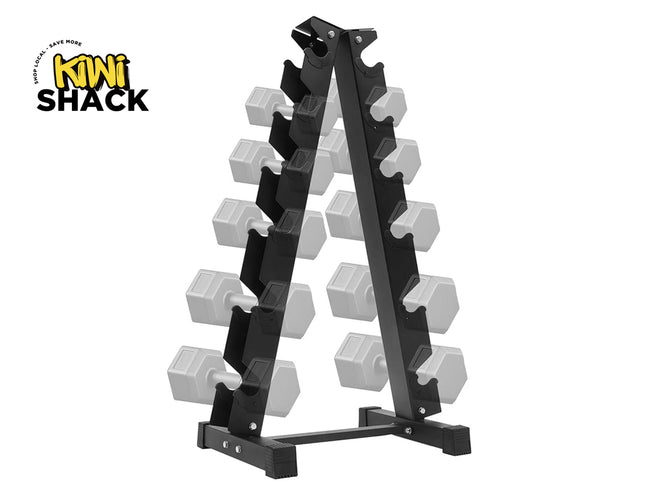 Black vertical A-frame dumbbell rack holding multiple pairs of grey hexagonal dumbbells across five tiered saddle levels on each side, standing on a stabilized base with rubber end feet, and featuring the Kiwi Shack logo watermark.