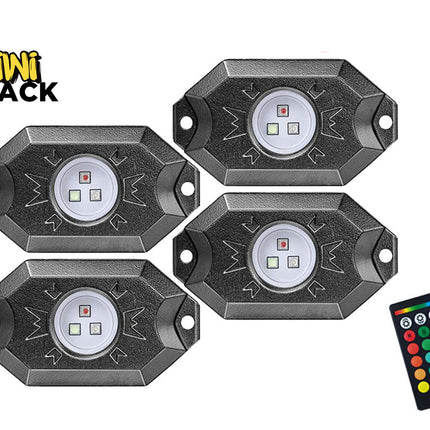 Four black LED lights with a remote control on a white background, featuring the Kiwi Shack brand.