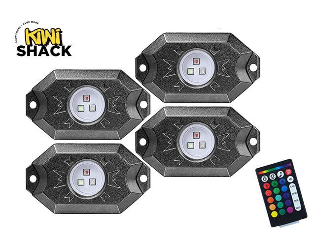 Four black LED lights with a remote control on a white background, featuring the Kiwi Shack brand.