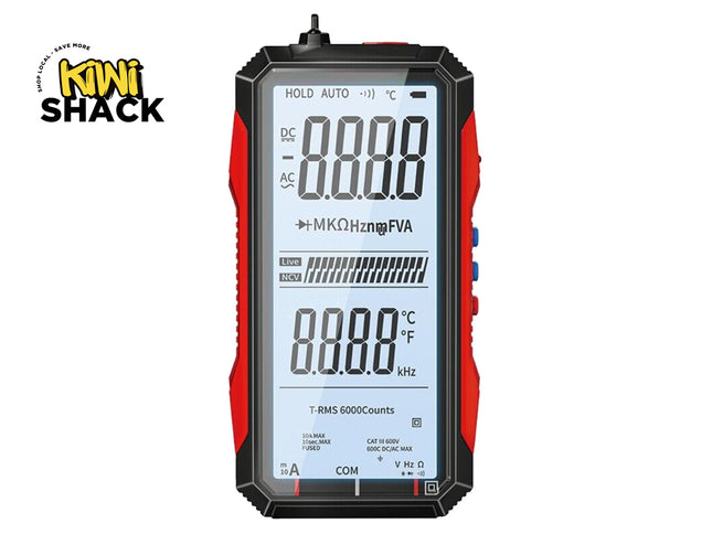 Kiwi Shack smart digital multimeter 6000 counts T-RMS voltage tester with large LCD screen and automatic range selection.
