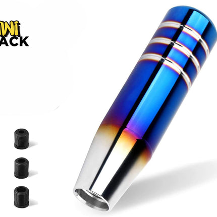 Kiwi Shack weighted manual transmission shift knob with burnt-blue gradient finish and universal threaded adapter inserts.
