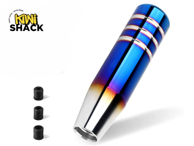 Kiwi Shack weighted manual transmission shift knob with burnt-blue gradient finish and universal threaded adapter inserts.
