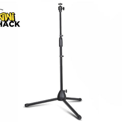 A black adjustable tabletop tripod stand with an extending center column and a mounting screw on top against a white background, featuring the "Kiwi Shack" logo in the upper left corner.