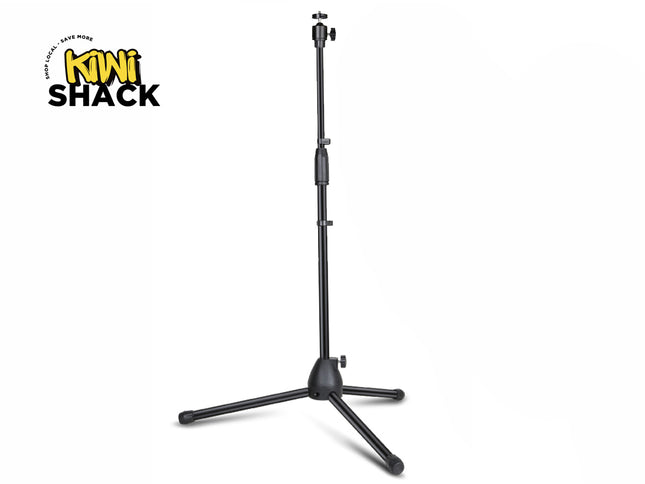 A black adjustable tabletop tripod stand with an extending center column and a mounting screw on top against a white background, featuring the "Kiwi Shack" logo in the upper left corner.