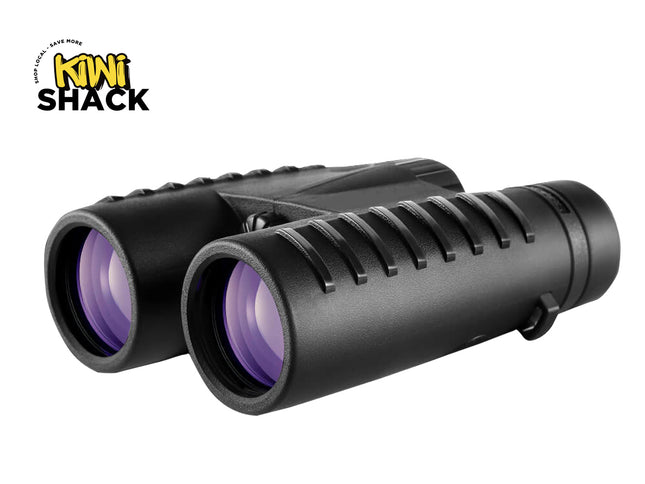 Black binoculars with purple lenses on a white background, featuring the Kiwi Shack logo.