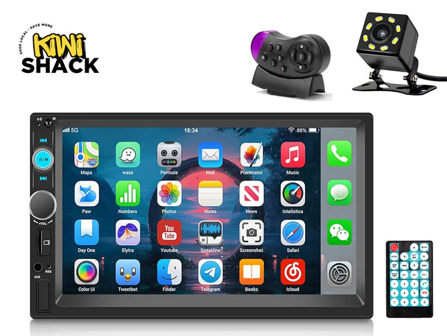 A double-DIN car stereo head unit with a touchscreen interface, a backup camera, a steering wheel remote control, and a handheld remote, featuring the "Kiwi Shack" logo in the top-left corner.