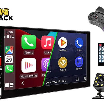 Car multimedia system with touchscreen display, remote control, and camera on a white background.