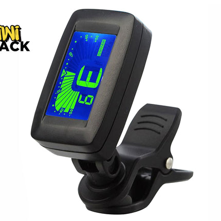 A black digital clip-on tuner with a blue and green LCD screen displaying an E major chord, shown on a white background with the Kiwi Shack logo in the top-left corner.