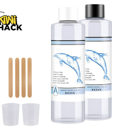 Two resin bottles with tools on a white background, featuring the Kiwi Shack brand.