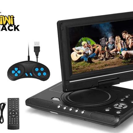 Portable DVD player with screen displaying a group of people, remote control, and antenna on a white background. Kiwi Shack brand visible.