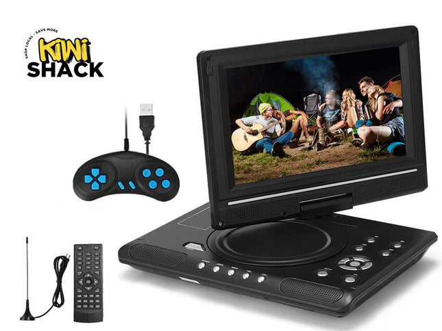 Portable DVD player with screen displaying a group of people, remote control, and antenna on a white background. Kiwi Shack brand visible.