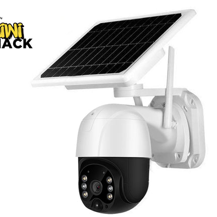 Solar-powered security camera with a black solar panel on a white background, featuring the Kiwi Shack brand.