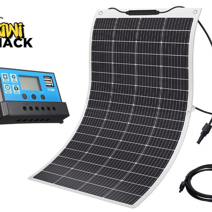 Solar panel and controller with Kiwi Shack logo on a white background