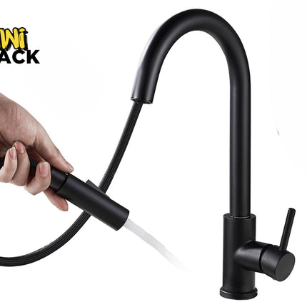 Kiwi Shack modern matte black single-handle pull-down kitchen sink faucet with flexible hose and spray head.