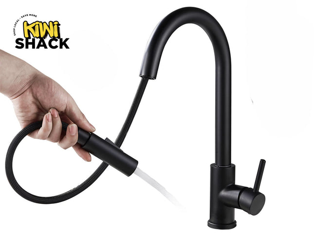Kiwi Shack modern matte black single-handle pull-down kitchen sink faucet with flexible hose and spray head.