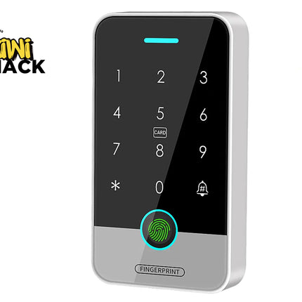A silver and black biometric keypad lock with a fingerprint sensor and numeric keypad, shown on a white background with a 'Kini Shack' logo in the top-left corner.