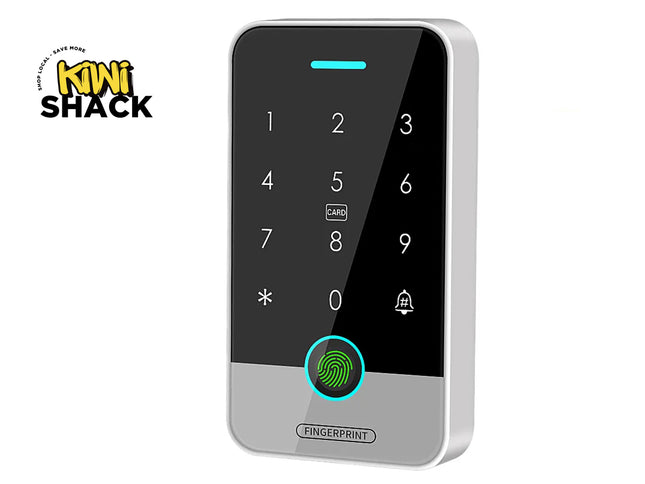 A silver and black biometric keypad lock with a fingerprint sensor and numeric keypad, shown on a white background with a 'Kini Shack' logo in the top-left corner.