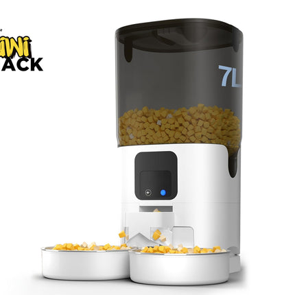White and black pet food dispenser with 'Kiwi Shack' branding on a white background