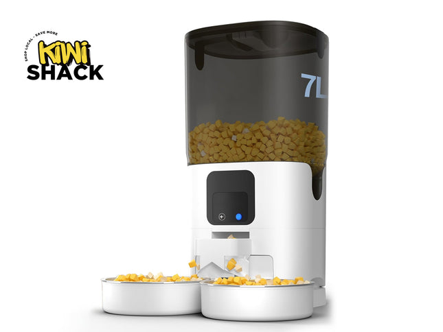 White and black pet food dispenser with 'Kiwi Shack' branding on a white background